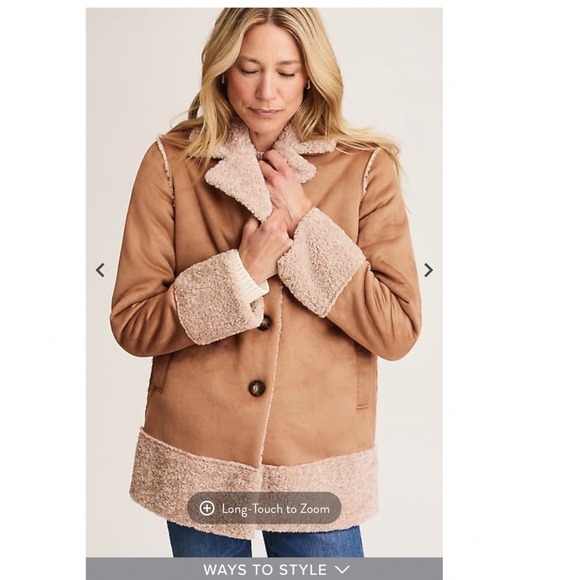 J. Jill Womens Faux Suede Sherpa Lined Jacket Tan Brown Faux Fur Coat - Picture 2 of 11